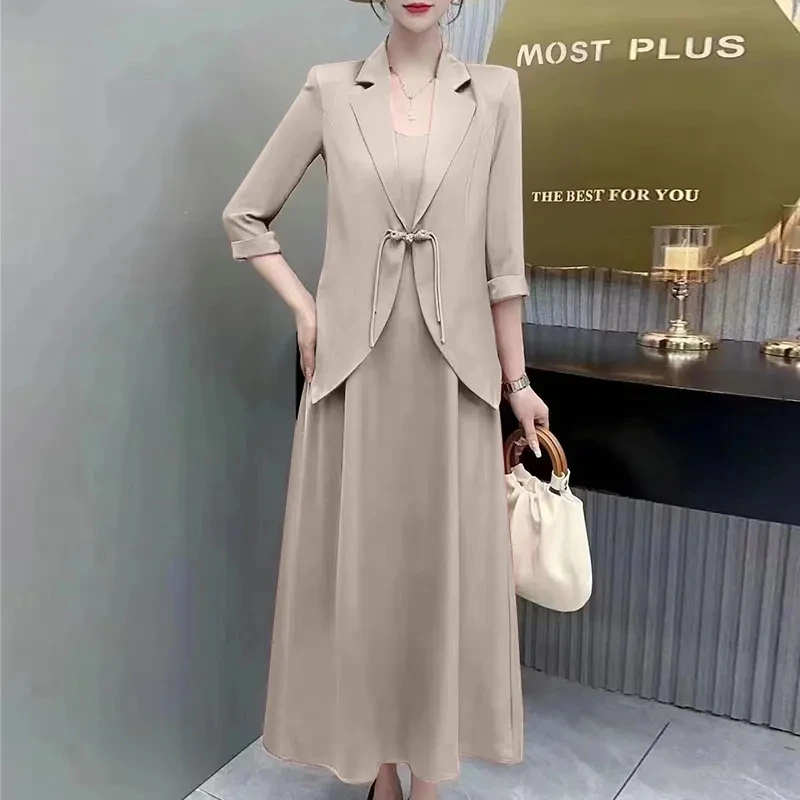 Explosion Fashion Imported High-End Suit skirt Spring And Summer Heavy Industry Buckle Slim Suit+Skirt With Suspenders