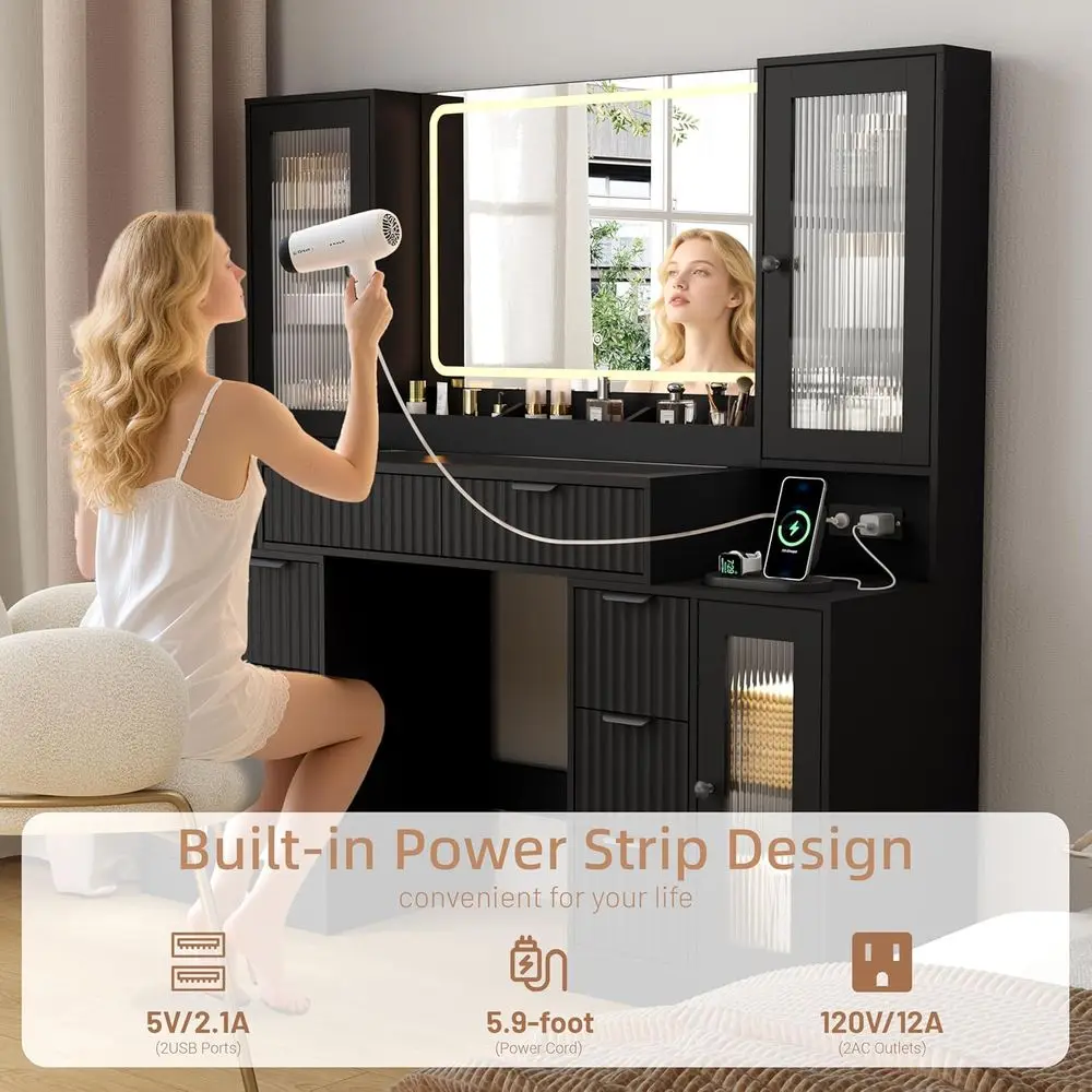 55 LED-lit Vanity Desk with 3-Color Mirror, 8 Drawers & 4 Cabinets, Tempered Glass, Charging Station - Matte Black image 6