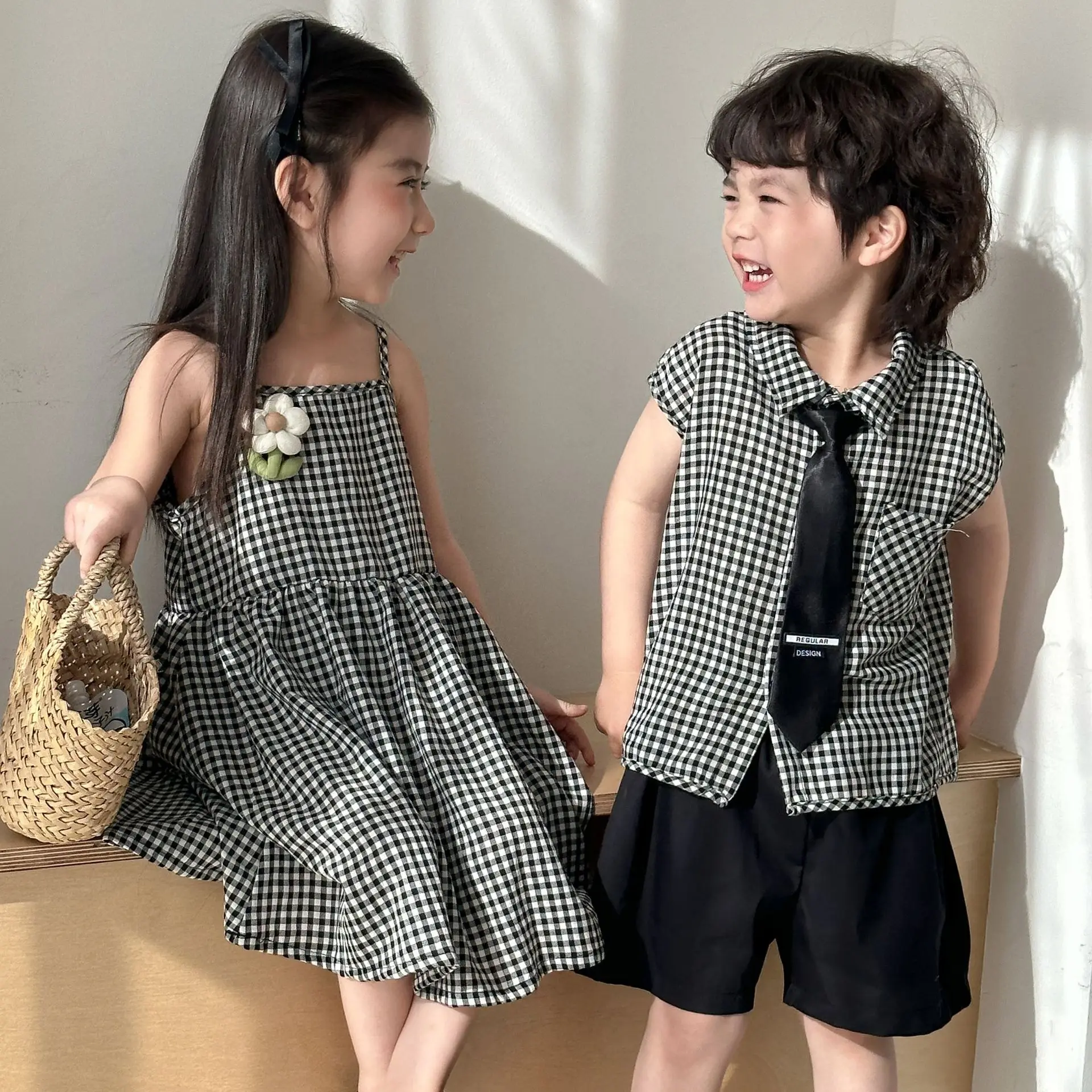 

2025 Summer New Children Short Sleeve Clothes Set Boys Plaid Shirts + Shorts Suit Girls Sling Dress Kids Brother Sisters Outfits