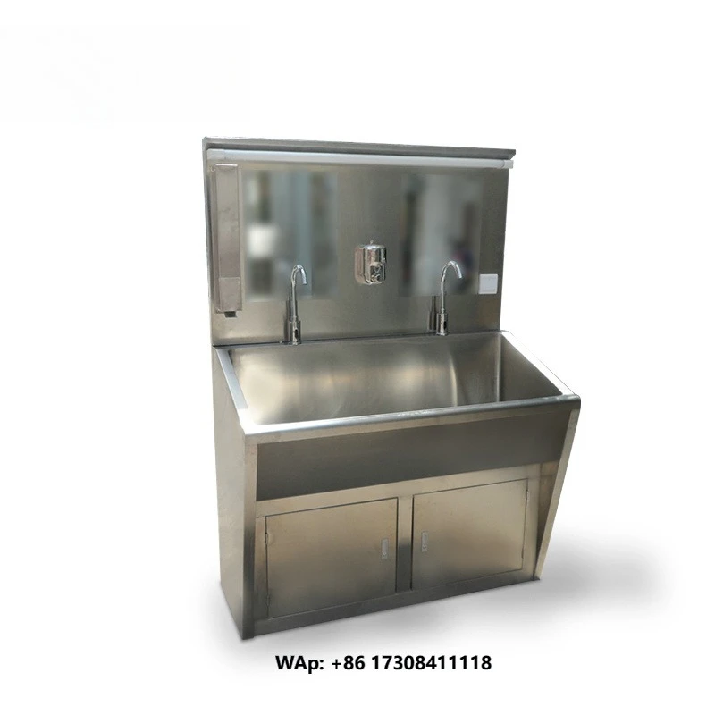 Medical Hand Washing Sink Stainless Steel Modern Design with Mirror and Foot Pedal for Hospital Use