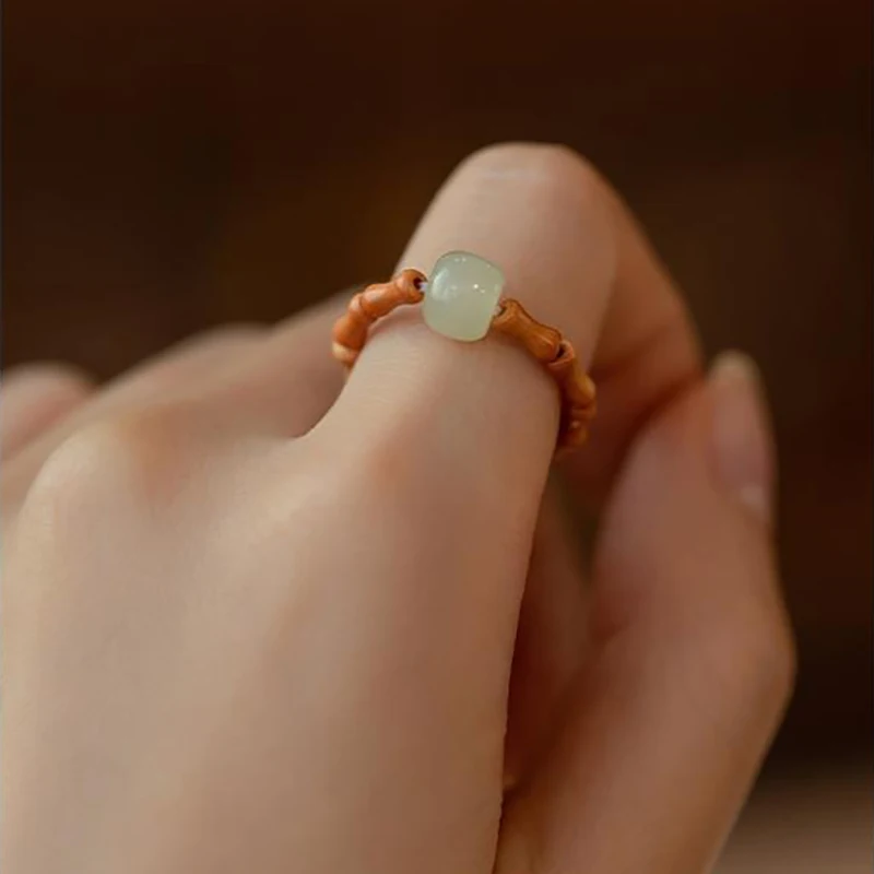 Hetian Jade Ring Female Walnut Bamboo Tail Text Play Hanfu National Style Daily Accessories Birthday Gifts