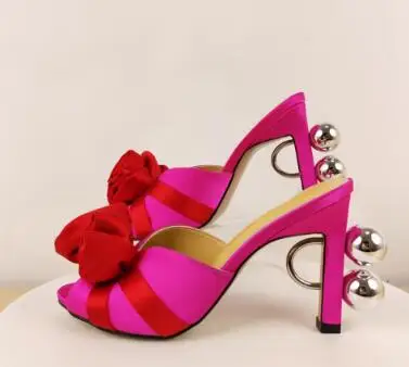 Hot Pink Yellow Satin Flower Peep Toe Slippers Women Metal Ring Ball Strange Block Heel Mules High Heel Sandals Shoes Size 43