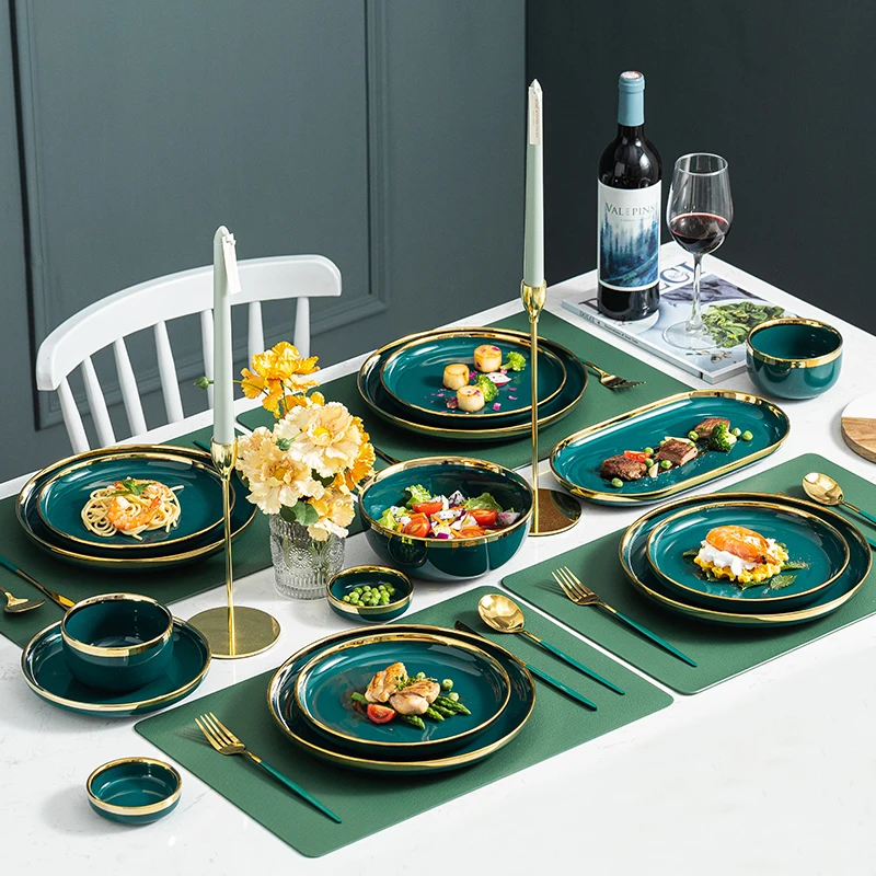 Ceramic Dinner Plates Dinnerware Set Dishes Luxury Green Food Plate Set Salad Soup Bowl Plate and Bowls Set for Restaurant Hotel