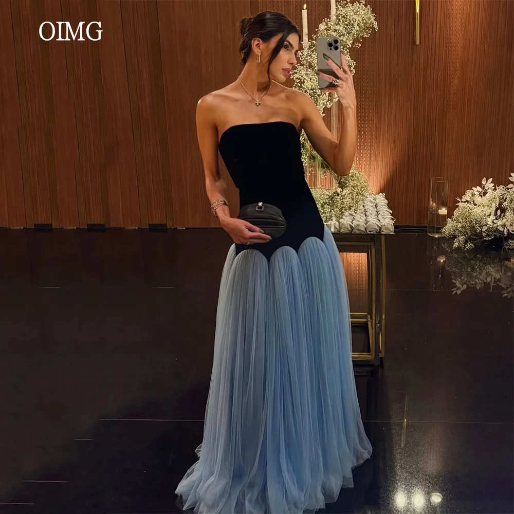 OIMG Pastrol Black/Dusty Blue Strapless A Line Prom Gowns Tulle Pleated Party Gown Floor Length Evening Dress 2026 Customized