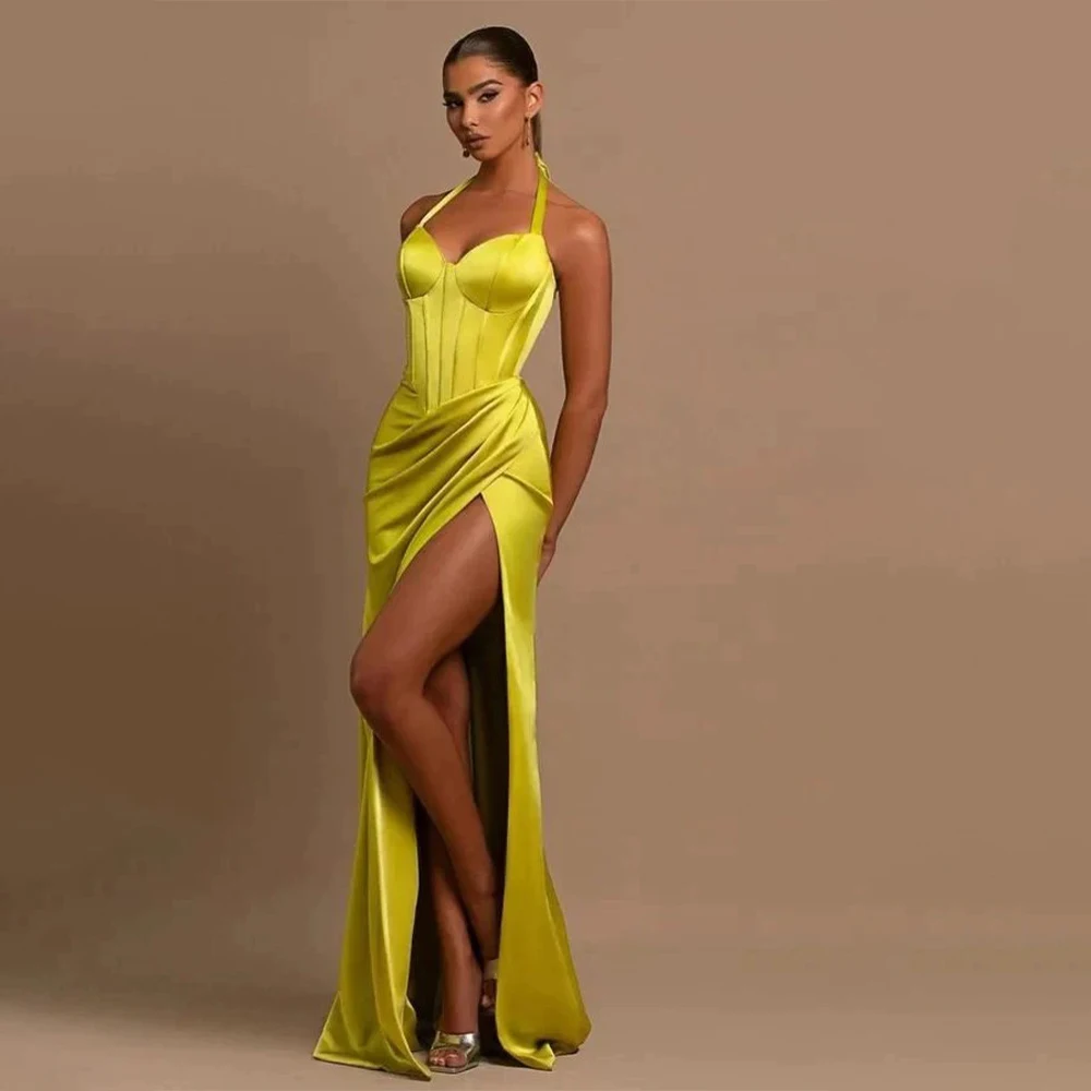 

Grass Green Halter Satin Sheath Evening Dresses Side Slit Formal Party Grown Prom Women Wear