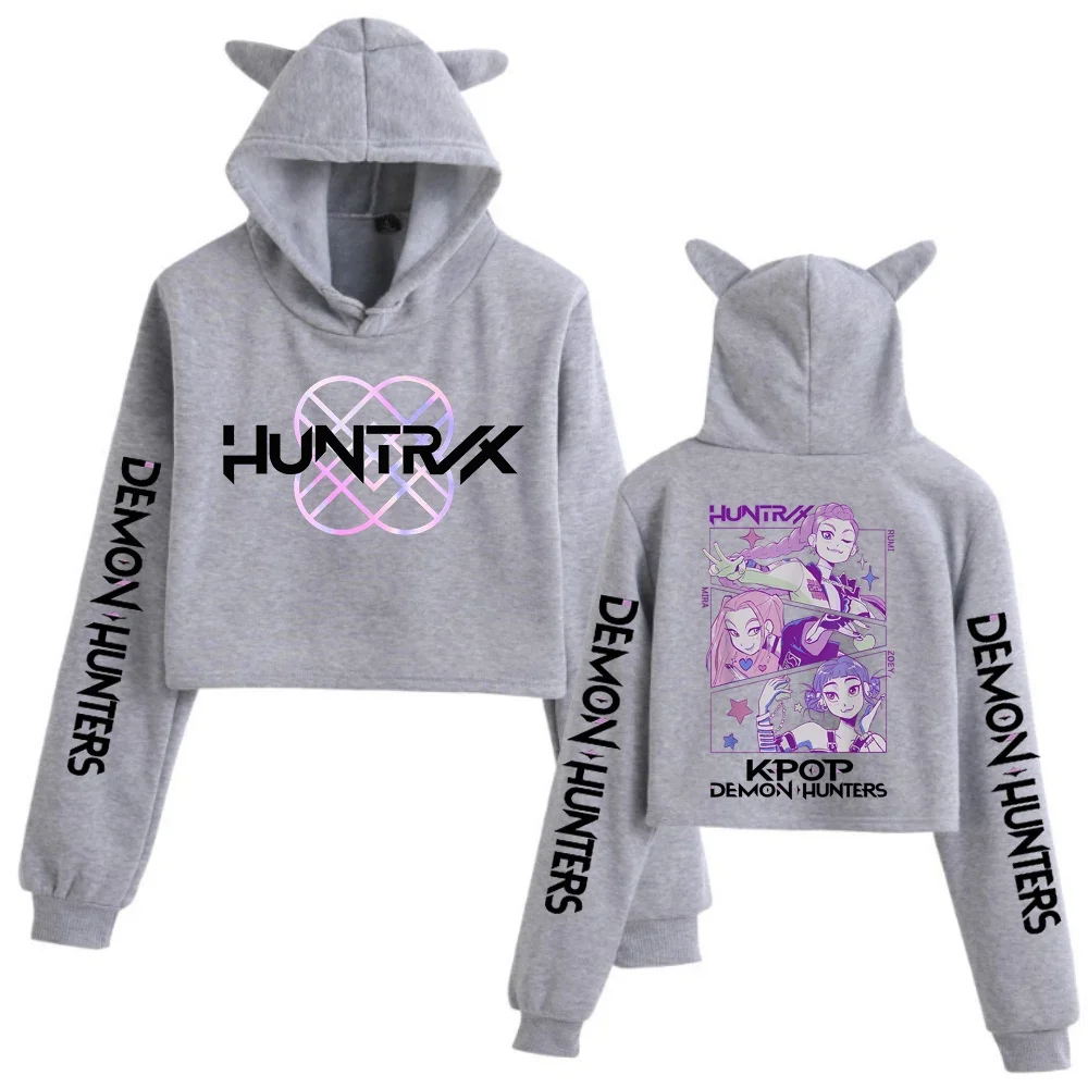 Kpop Demon Hunters Crop Tops Cat Ears Sweatshirt Long Sleeve Girls Fashion Hoodie