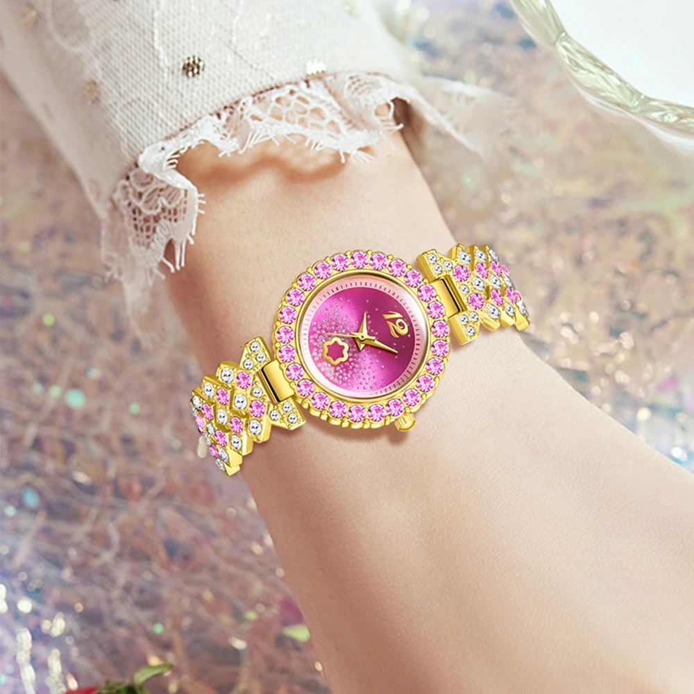 6PCS/Set Women's Pink Alloy Watch Strap Fashionable Rhinestone Quartz Watch Necklace Earrings Jewelry Set