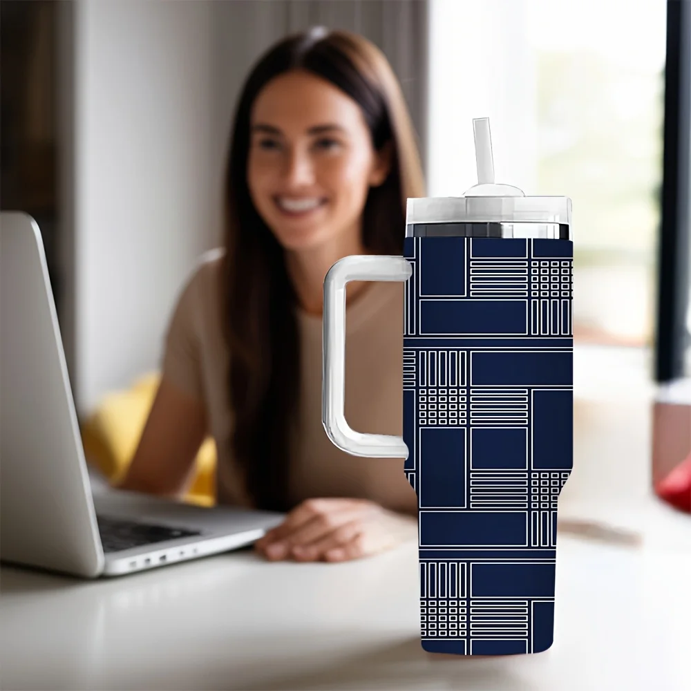 Navy Blue Abstract Geometric Line Block Pattern Insulated Travel Tumbler with Handle And Reusable Drinking Straw
