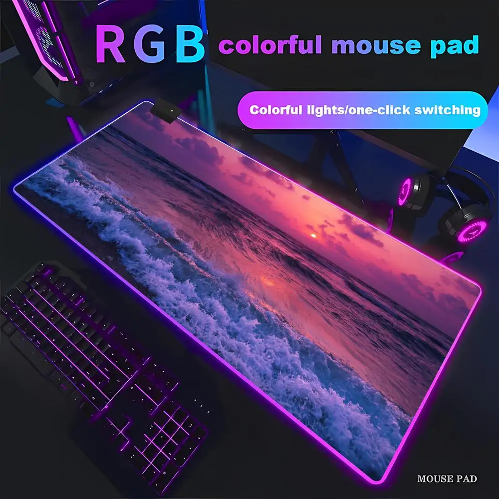 

Beach Sunset Mouse Pad Animation Games Beautiful RGB Gaming HD Gamer LED Light XXL MousePads PC Computer pad Non-slip Decor