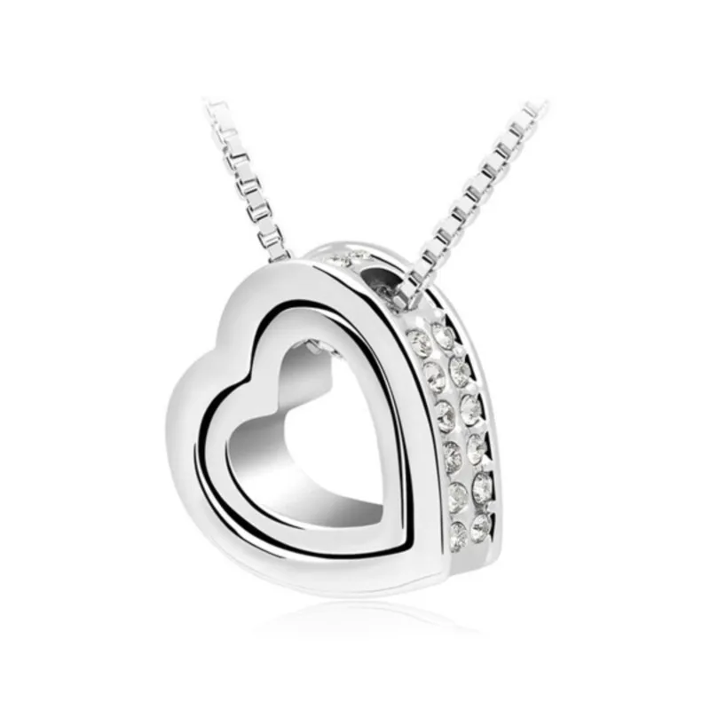 Float double Heart Pendant sweater chain Necklace quality crystal shine rhinestone charm birthday gift girls wed fashion jewelry