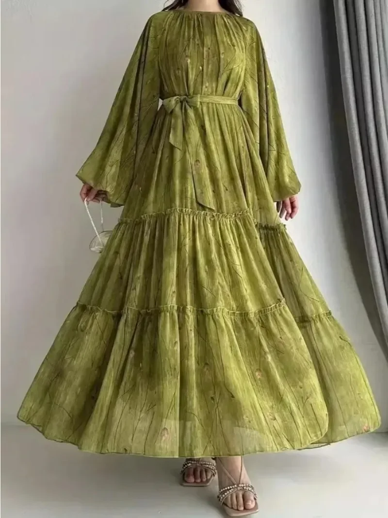 Eid มุสลิม Abaya ชุดผู้หญิงพิมพ์ชีฟอง Sashes Jalabiya Kaftan อิสลาม Vestidos Largo อาหรับยาว Robe Ramadan โมร็อกโก Abayas