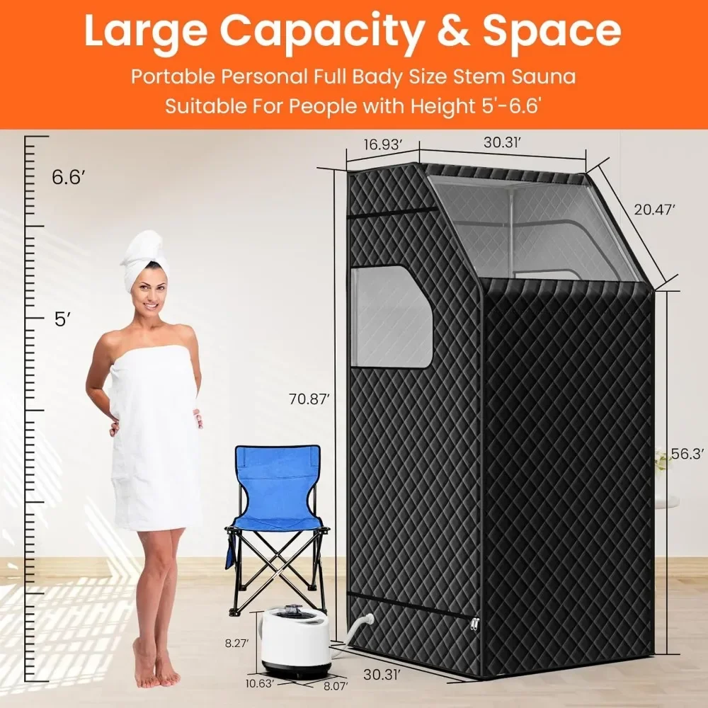 Portable Sauna Box for Home, Personal Steam Sauna Tent with 1000W 2.6L Steamer, Timer, Remote Control, Folding Chair