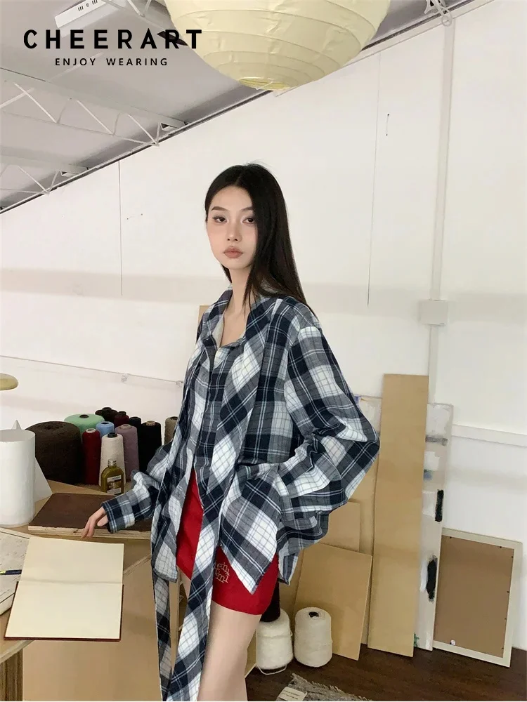 CHEERART Ribbon Plaid Oversized Shirt Women Long Sleeve Top Button Up Shirts Designer Fashion Top Autumn 2024 New Collection