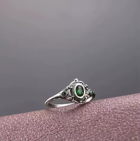 Vintage Silver Color Green Stone Crystal Rings for Women Girl's Retro Rings Engagement Wedding Ring Party Jewelry