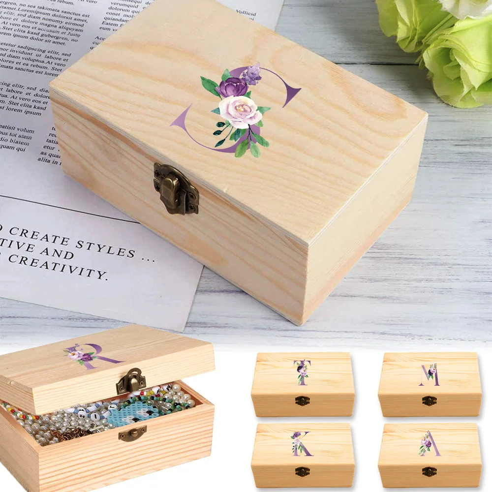 

Durable Wood Crafts Storage Case Higher Quality Gifts Packing Jewelry Case Desktop Wooden Storage Box Purple Letter Pattern