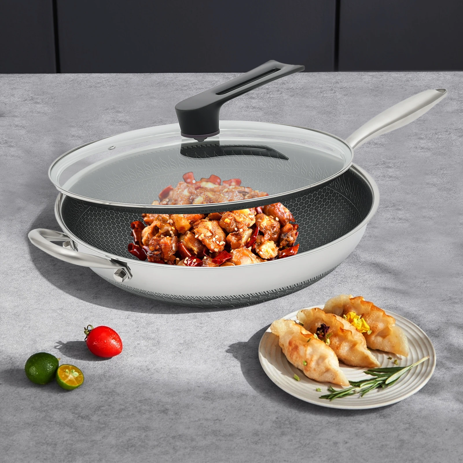 

34cm Stainless Steel Wok with Lid,13.4 Inch 316 Honeycomb Nonstick Wok Pan, Induction Compatible, Dishwasher Safe