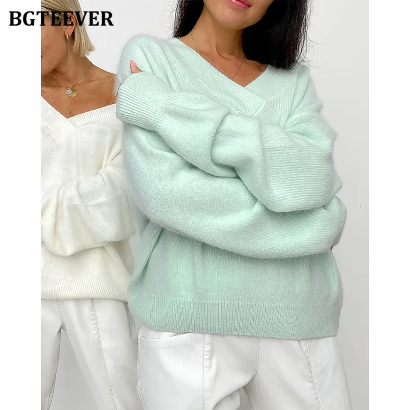 

BGTEEVER Autumn Winter Knitted V-Neck Sweaters Women Soft Casual Solid Basic Jumpers Female Loose Pullovers Fall