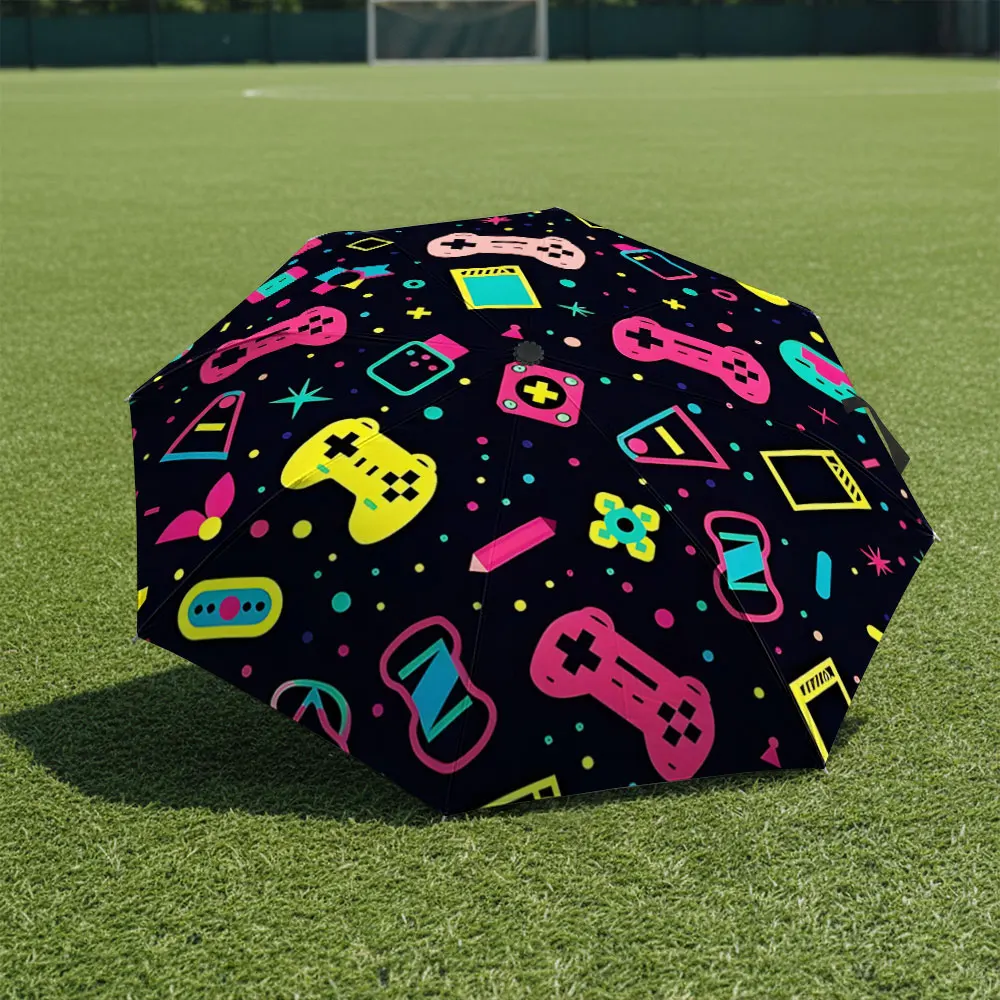 1P C Playful Gaming Pattern Umbrella in Vibrant Colors Print 8 Iron Ribs Folding Umbrella Auto-Open Fashion Sunshade