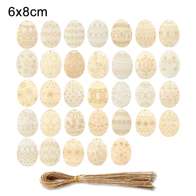 10pcs Easter Eggs Wooden Pendant With Rope Wood Slices Hanging Ornaments For Home Supplies Party Decoration Kids Gift DIY Crafts