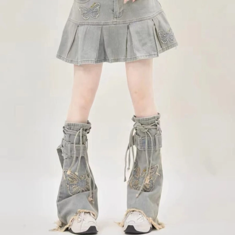 Women Leg Sleeves with Buckled Strap Harajuku Girl Punk Distressed Butterfly Jeans Leg Warmer Flared Loose Long Socks