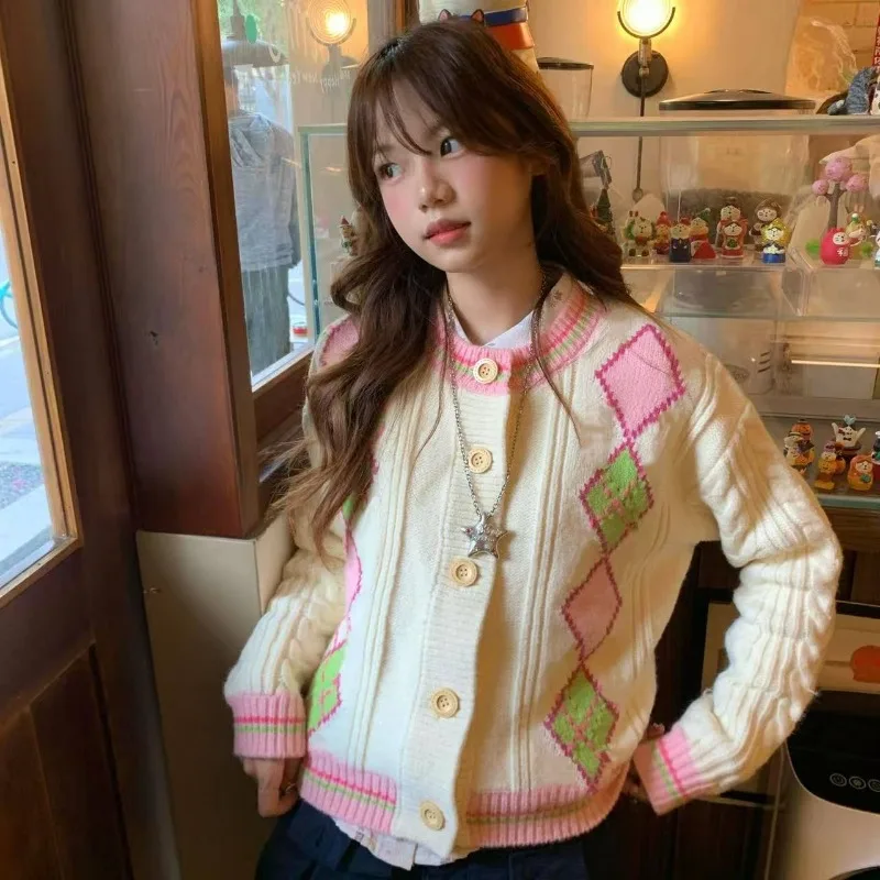Women's 2026 Autumn Winter American Vintage Preppy Argyle Knit Cardigan Round Neck Cable Sweater Chic Coquette Trendy Top