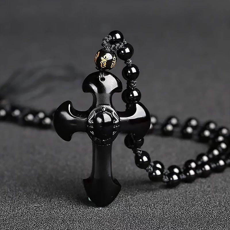 Colgante de obsidiana con cruz cristiana, amuleto de buena suerte, collar con cuentas para hombres y mujeres, regalo de joyería grabado a mano