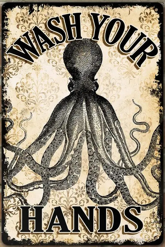 Retro Style Metal Tin Sign Octopus Wash Your Hands Bathroom Wall Decor Kitchen Art Antique Style Laundry Room Metal Sign Housew