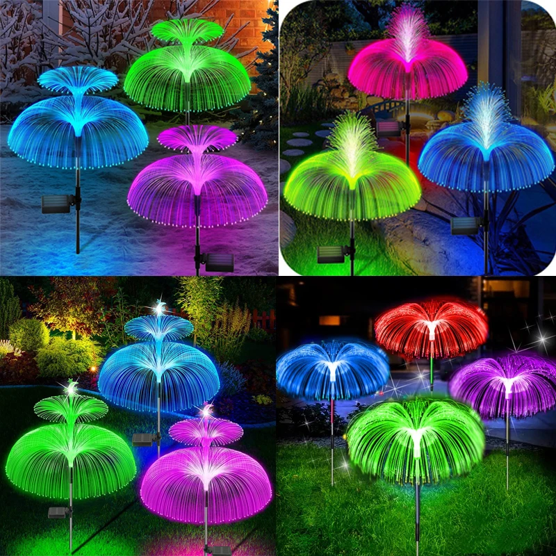 Lampe LED solaire en forme de méduse à fibre optique, imperméable, luminaire décoratif d'extérieur, idéal pour un jardin ou une pelouse, 7 couleurs