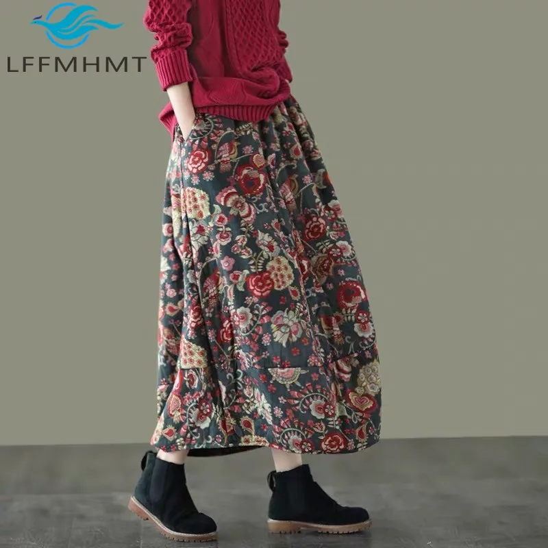 Vintage Floral Print Thicken Quilted Warm Women\'s Dress Autumn Fashion Female Soft Comfortable Skirt China Winter Retro Clothing