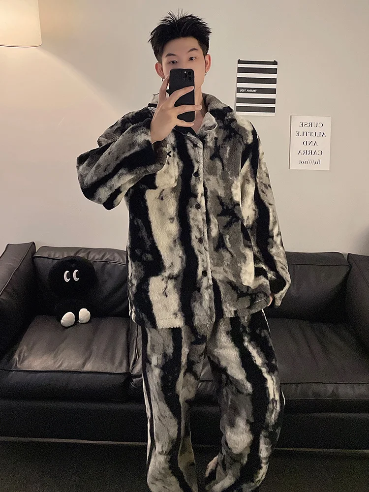 DAIMELU pajamas men's autumn and winter coral fleece flannel premium striped teen thickened warm loungewear set sleepwear male