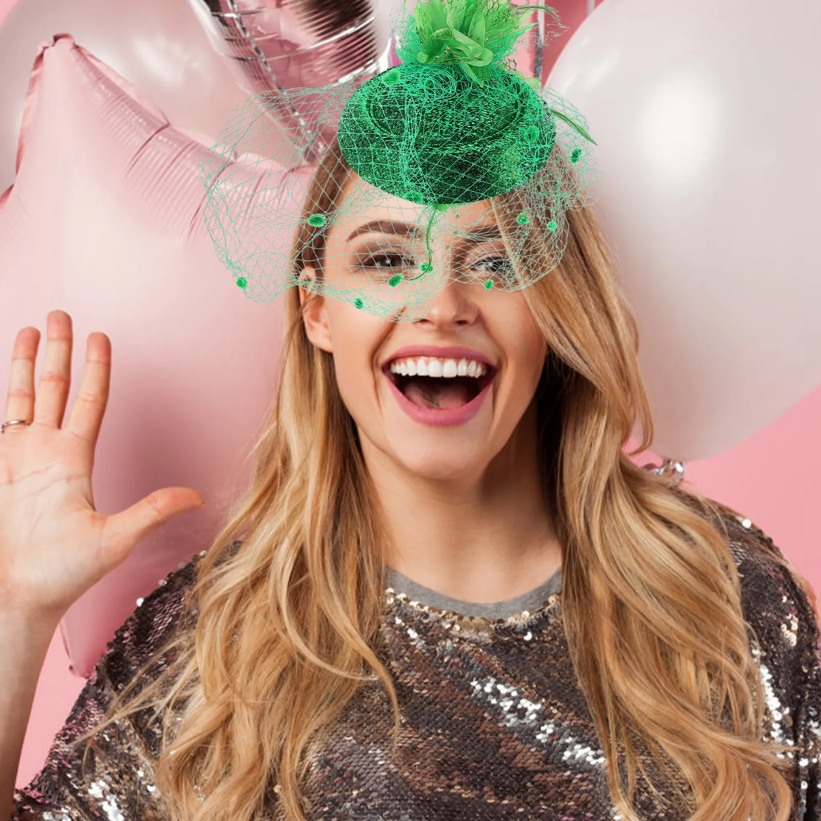 

Green Vintage Fascinator Hat for Women St Patricks Day Party Accessory with Delicate Veil Floral Hair Clip Tea Party Outfit