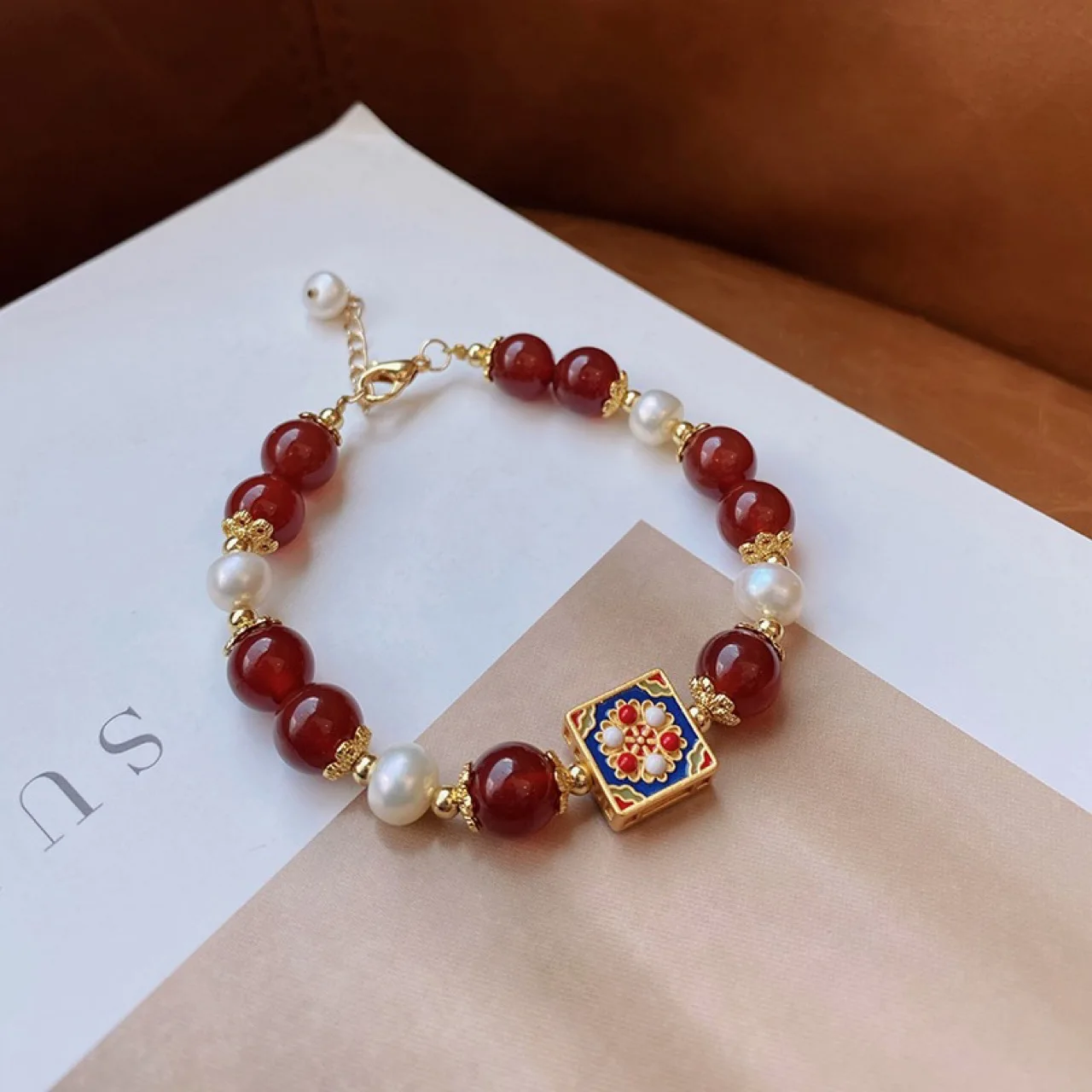 Pulseira de Pérolas Ágata Vermelha Estilo Chinês para Mulheres, Auspiciosa Joias Vintage, Acessórios Étnicos, Presente de Aniversário Amigo