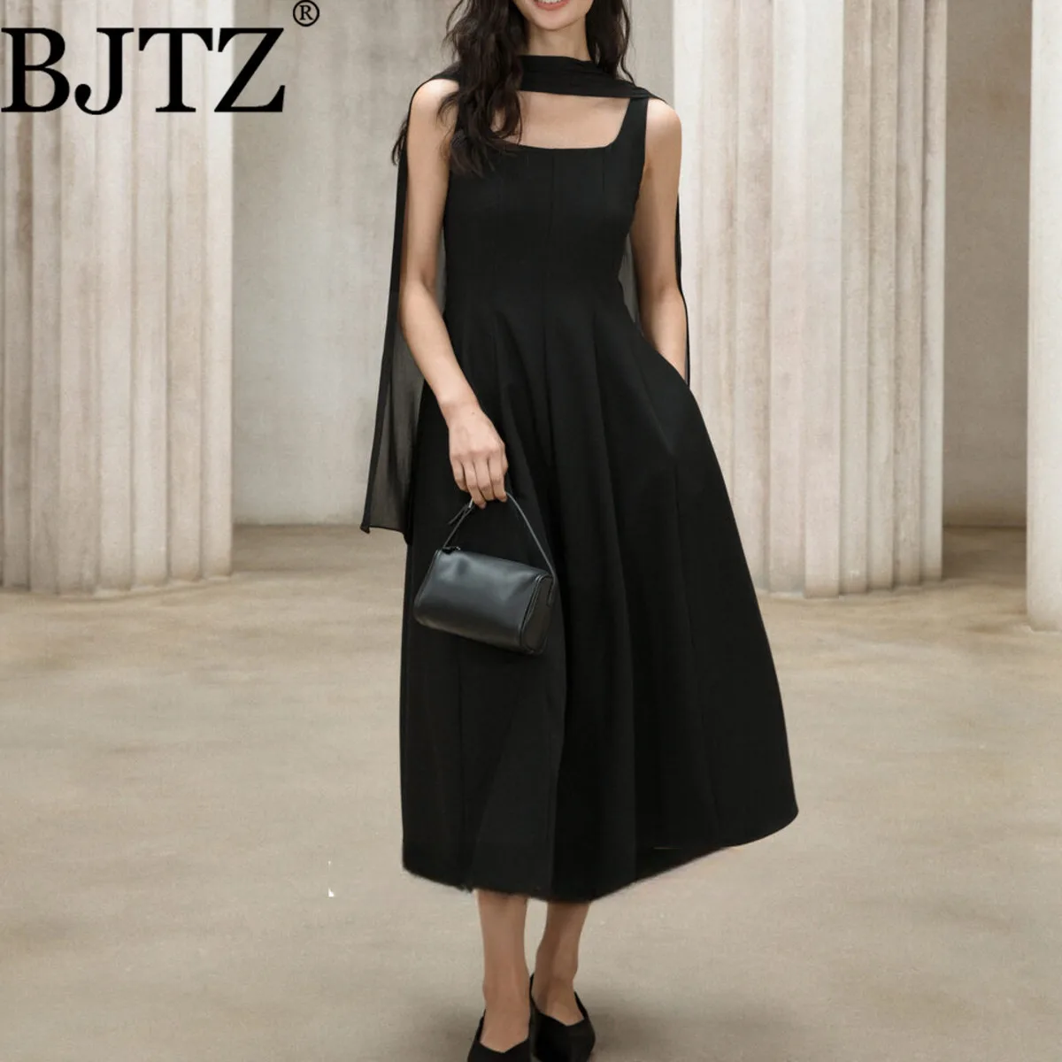 

BJTZ Fall French Strapless Sash Evening Gown Black White Colorblock Elegant Minimalist Sexy Premium Comfortable Party Dress