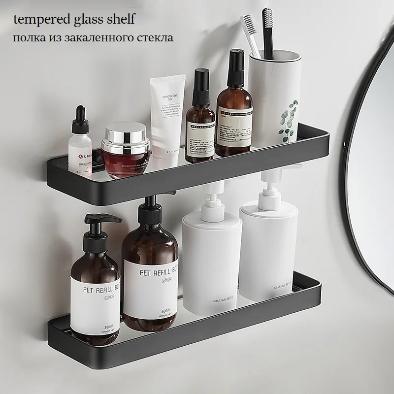 Bathroom Glass Shelf No Drill Organizer Shower Storage Rack Black Corner Shelves Wall Mounted Aluminum Toilet Shampoo Holder