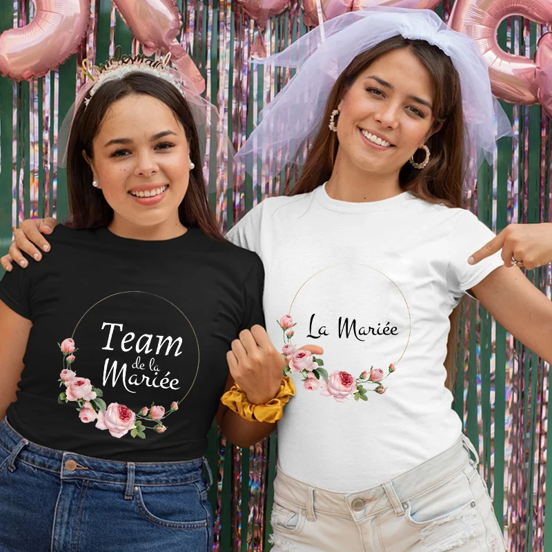 French Girls Team Bride Women T-shirt Flower Crown Graphic Print Tops Bachelorette Bridal Wedding Party Tshirt Flower Crown Tees