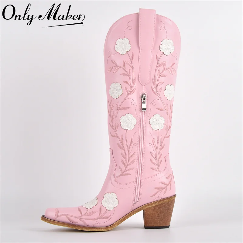 

Onlymaker Women Pointed Toe Side Zipper Embroidery Flower Western Cowgirl Boots Chunky Heel Embroidery Cowboy Boots