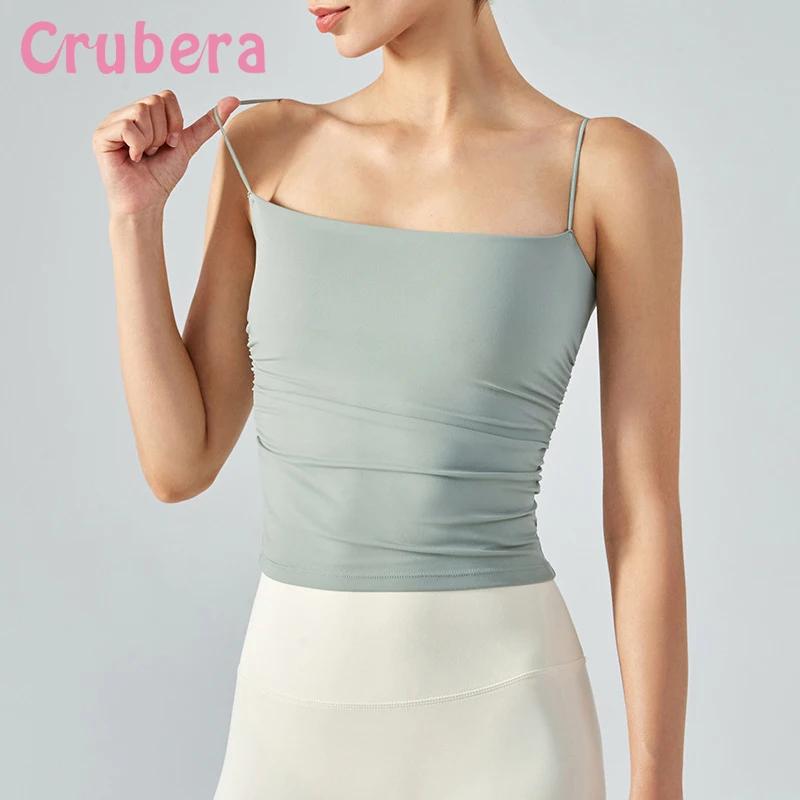 

CRUBERA Thin Shoulder Strap Pleated Sports Sling Running Outside Quick Dry Fitness Women's Summer Slim Yoga Vest With Cushion