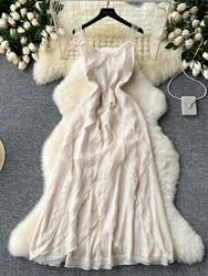 Dames Elegante Strandjurk Zomer V-Hals Gegolfd Onregelmatig Chiffon Franse Lange Jurken Dames Slanke Mouwloze Lange Gewaad Vestidos