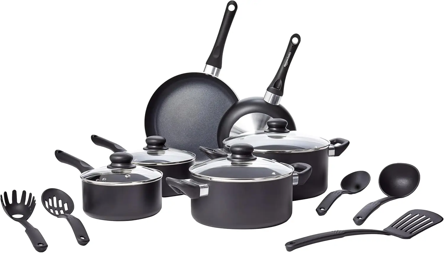 

Non Stick Kitchen Cookware 15-Piece Set, Non-Induction, Includes Pots, Pans, and Utensils, Black