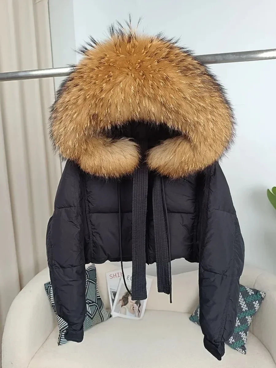 New Duck Down Loose Winter Jacket Women Real Fox Fur Raccoon Fur Collar Hooded Thick Warm Streetwear Outerwear Detachable