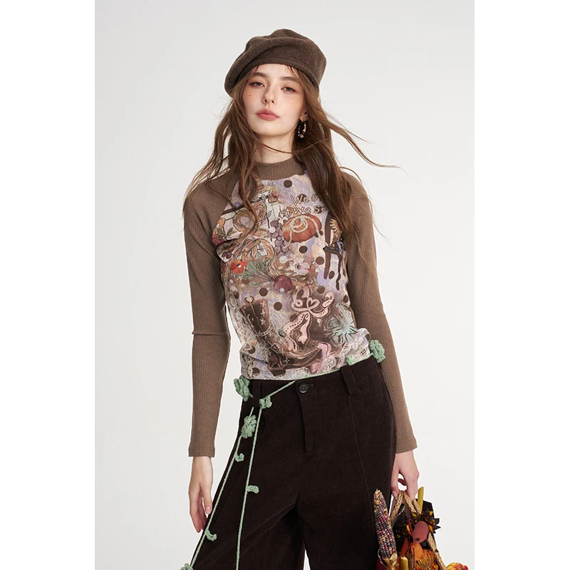 ELFSACK Women's Graphic Long Sleeve Top with Fun Mixed Print, Contrast Raglan Mock Neck Tee for Everyday Casual Wear
