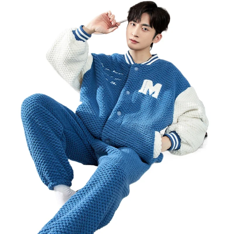 

Pajamas Men's Autumn and Winter Coral Fleece Baseball Suit Thickened Large Size Winter Long Sleeve Flannel Loungewear Men's Suit