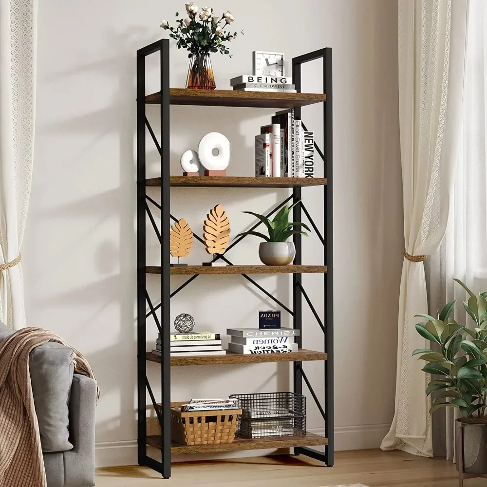 

5 Tiers Ladder Bookshelf, 62 inch Classically Modern Bookshelf,Storage Rack Shelves in Living Room/Home/Office,Rustic Brown