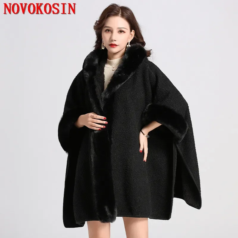 Women Granular Cardigan Long Cloak Loose Coat With Hat Winter Thicken Velvet Big Pendulum Faux Fur Collar Outstreet Poncho Capa