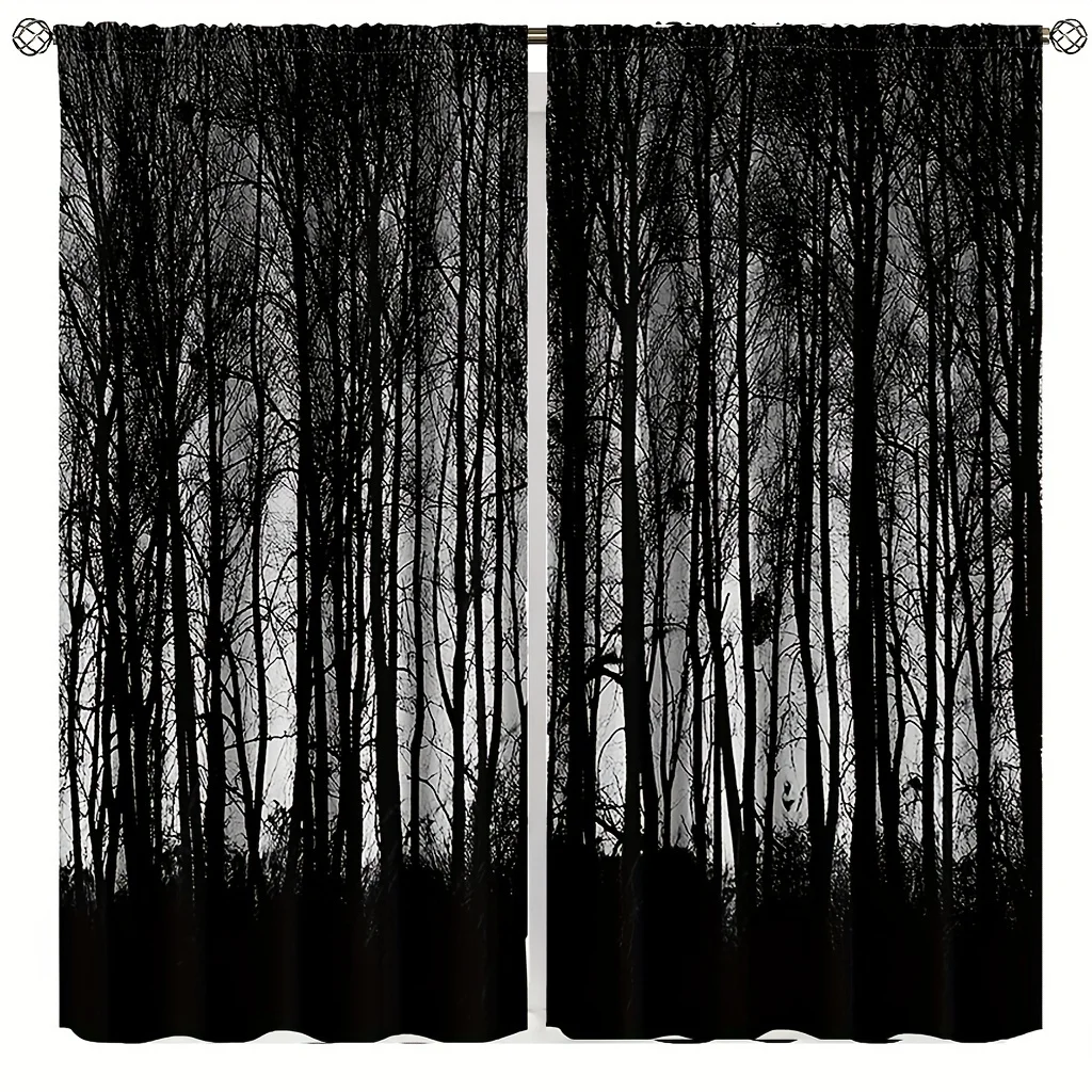 2PCS Digital Print Curtains, Gothic Black Forest Misty Pine, Gothic Dark
