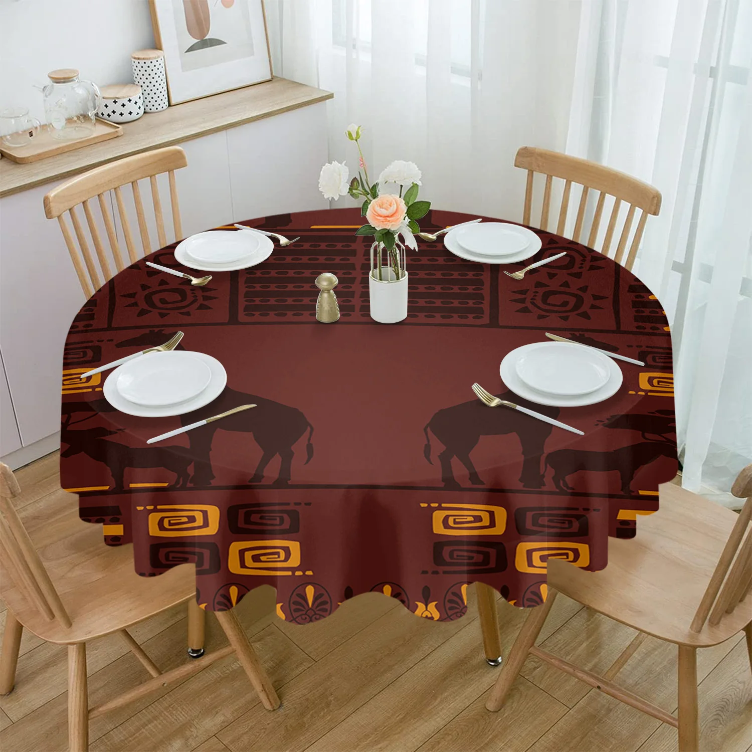 

African Giraffe Lion Silhouette Round Tablecloth Waterproof Table Cover for Wedding Party Decoration Dining Table Cover