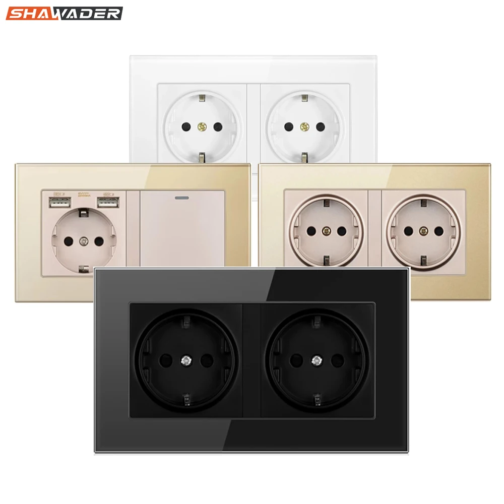 

USB Wall Socket Touch Pressure Switch Schuko Type C Electrical EU Plug Outlet Crystal Glass Panel Frame 220V Home Office Kitchen