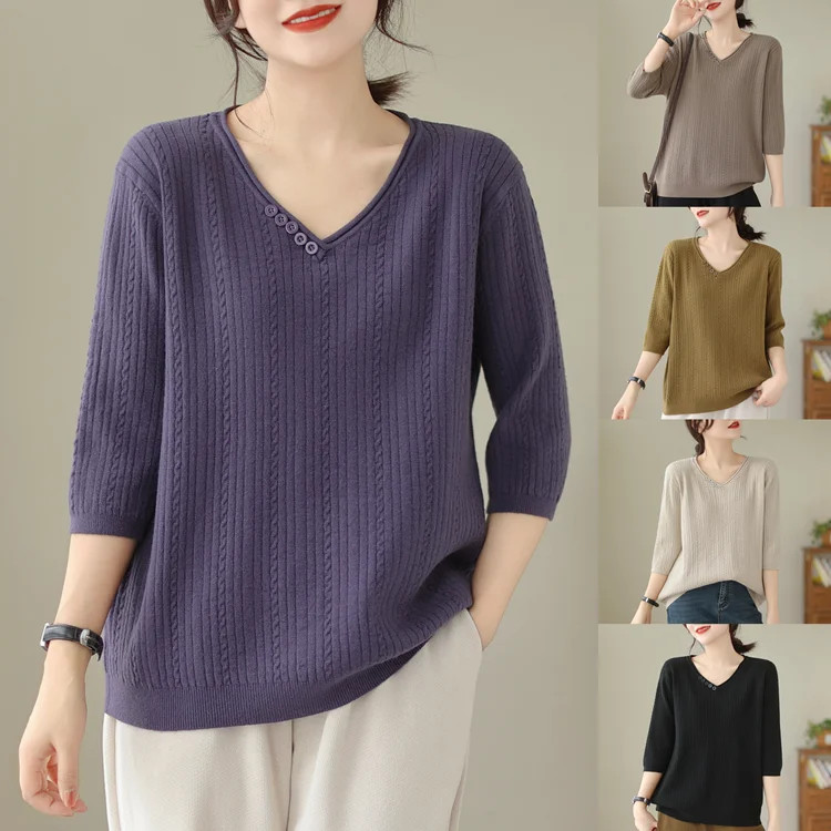 Blusa de Malha Fena Plus Size com Decote em V Solto para Outono Inverno, Csa Base de Manga Média Confortável e Respirável