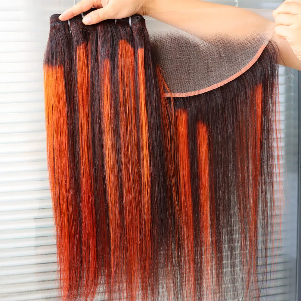 

Оптовая продажа, пучки натуральных человеческих волос с фронтальной застежкой, цвет фортепиано 1B, оранжевый, Прямая поставка, прозрачное кружево спереди