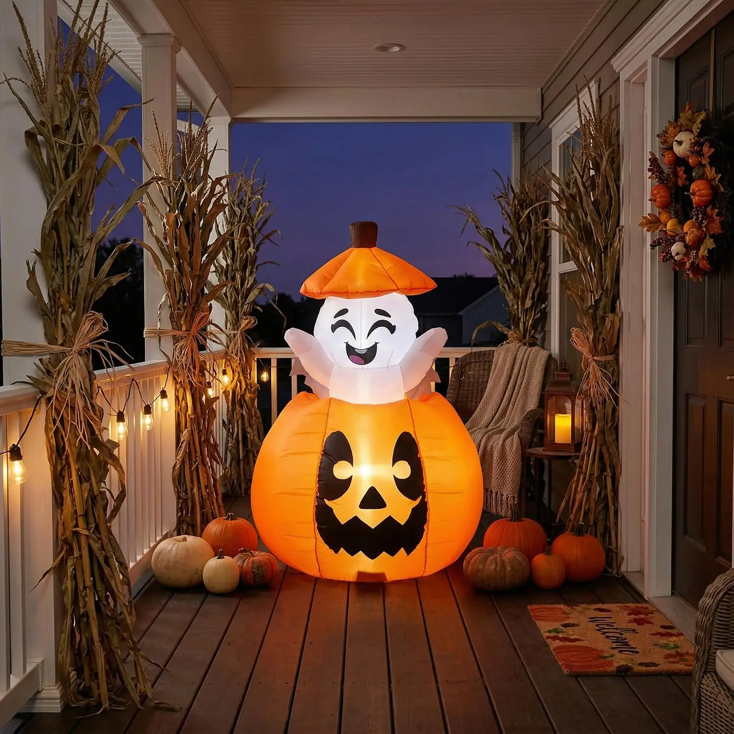 Zucca di Halloween gonfiabile da 150 cm con fantasma a comparsa, LED e timer, si gonfia da sola, decorazione da giardino per interni/esterni